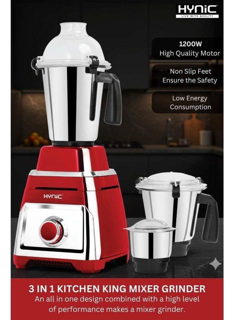 Hynic Kitchen Master 3-in-1 Mixer Grinder 1200W | Powerful 100% Copper Motor | 2L Stainless Steel Jar + 2 Additional Jars | Unbreakable ABS Body | 5 Year Warranty - Image 2